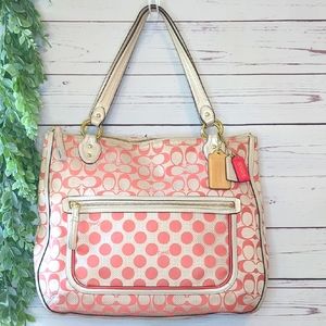 COACH Poppy Signature C Dot Hallie Tote Peach Coral Cream Polka Dots Spring Bag